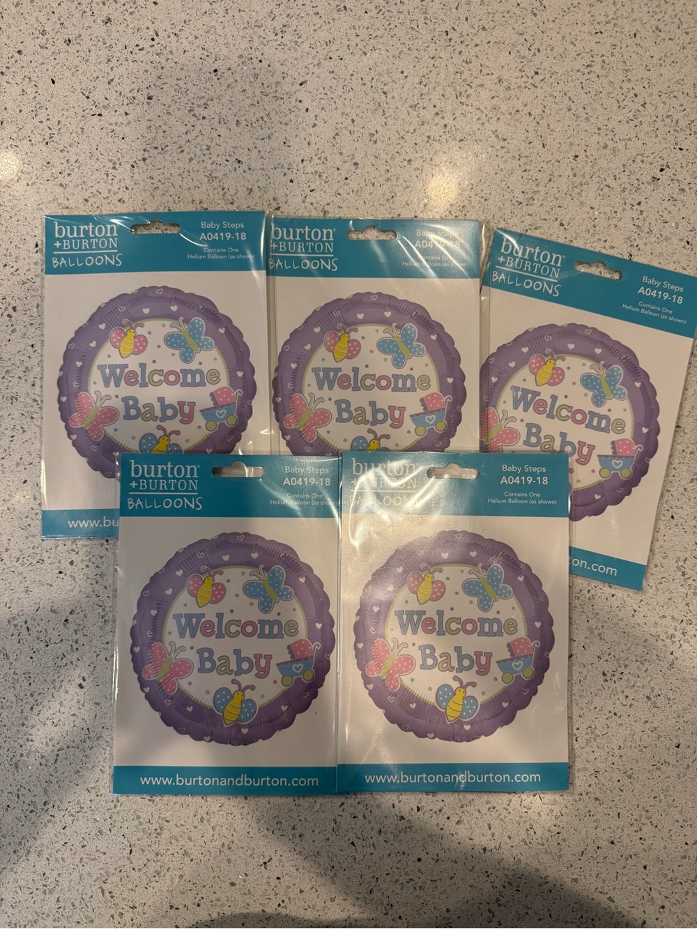 Burton Purple "Welcome Baby" Foil Balloons - Pack of 5